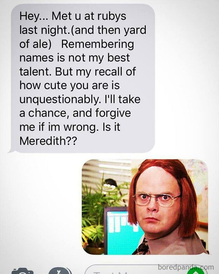 A screenshot showing a wrong number text asking to meet up, humorously paired with a Dwight Schrute meme.