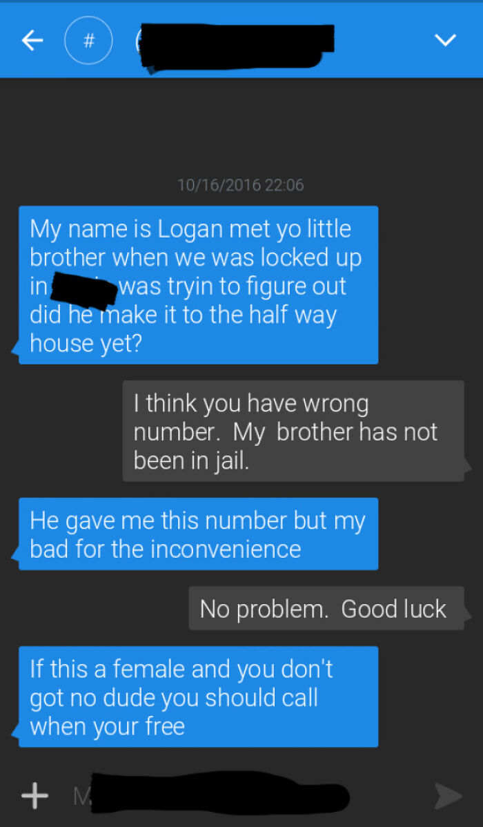A screenshot of a humorous wrong number text conversation where someone mistakenly asks about a brother in jail.