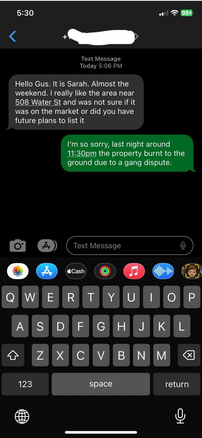 A screenshot of a text message showing a serious real estate inquiry met with a sarcastic, hilarious wrong number text reply.