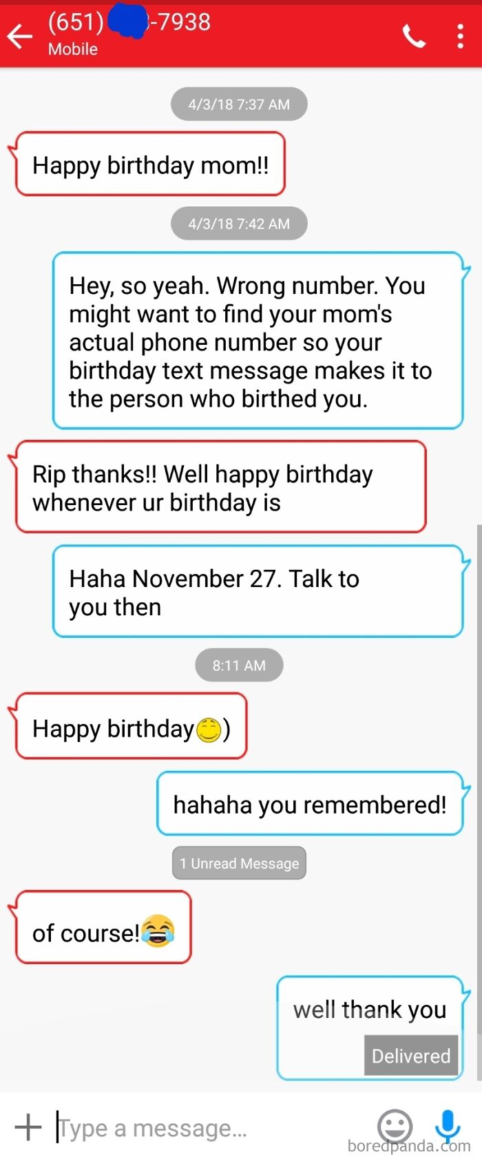 A text message conversation where a wrong number text results in a funny, ongoing birthday greeting exchange.