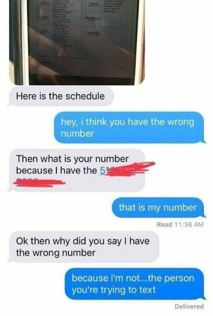 A text message conversation showing a recipient telling the sender they have the wrong number, followed by a confusing exchange.