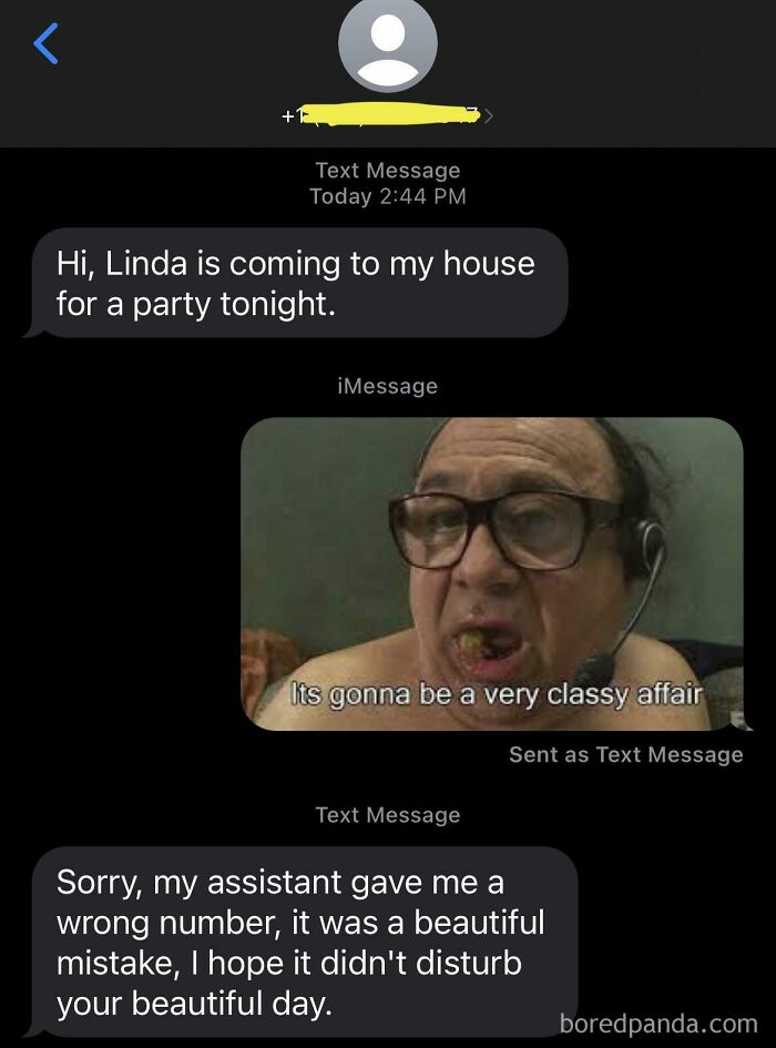 A wrong number text message where the sender accidentally sends a funny meme of a man with bad teeth, apologizing for the mistake.
