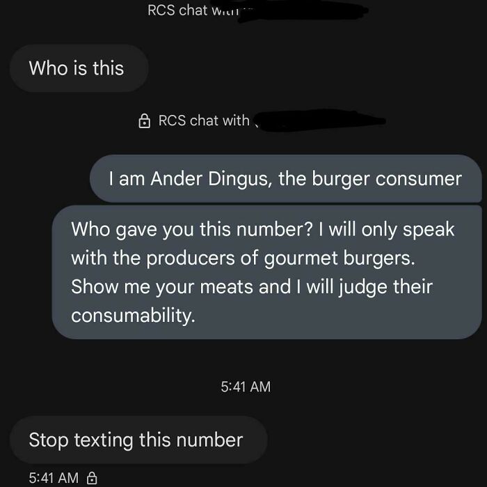 A hilarious wrong number text exchange with a person claiming to be Ander Dingus, the burger consumer, demanding gourmet burgers.