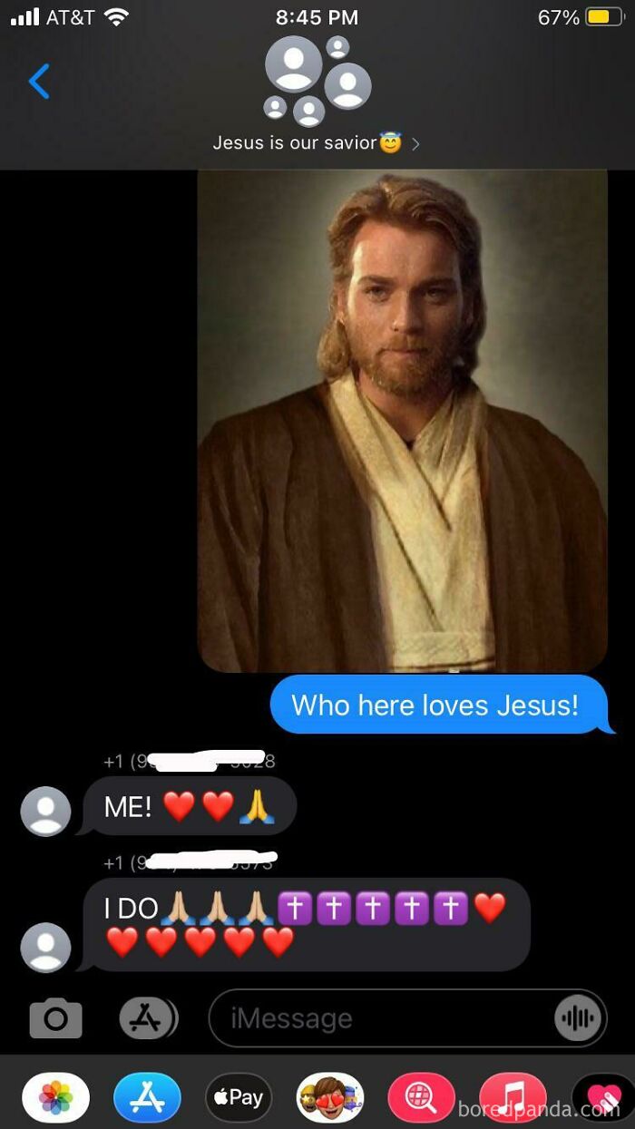 A wrong number text exchange showing Obi-Wan Kenobi from Star Wars as Jesus, with messages asking, Who here loves Jesus!