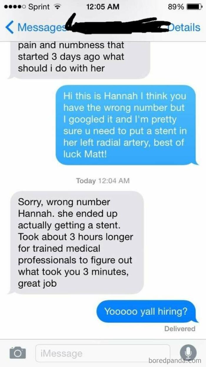 A screenshot of a wrong number text message where a stranger gives surprisingly accurate medical advice about a stent.