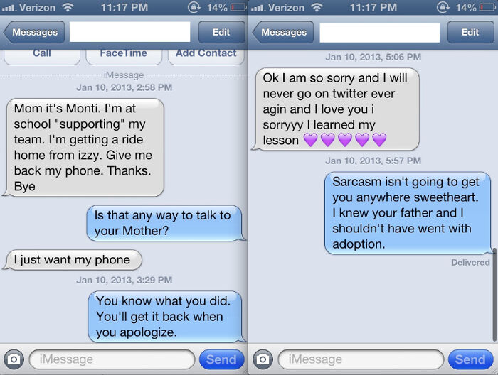 A split screenshot of an iPhone text conversation where a child demands their phone back and an unknown person responds sarcastically, leading to hilarious chaos.