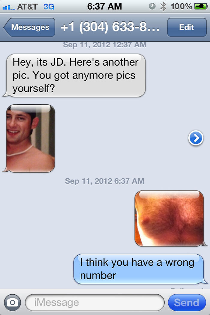 A screenshot of an iPhone text message conversation showing a person receiving an unsolicited shirtless photo in a wrong number text.