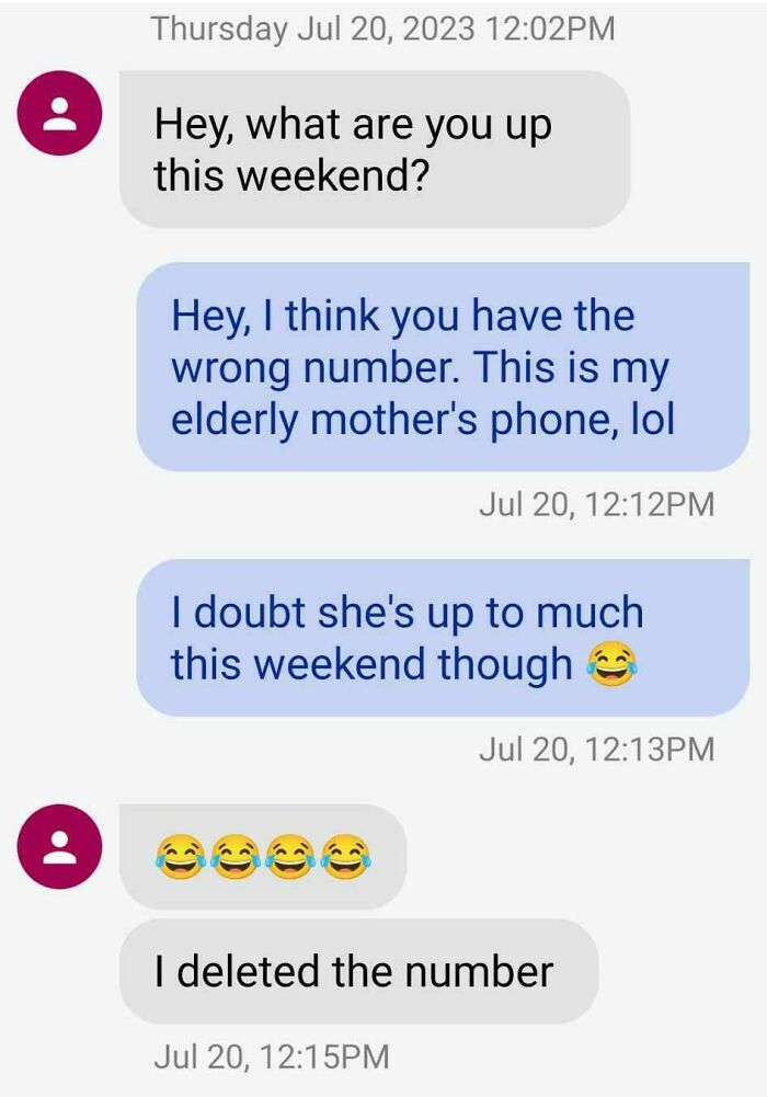 A screenshot of a text message conversation where a person responds to a wrong number text about weekend plans, ending in hilarious chaos.