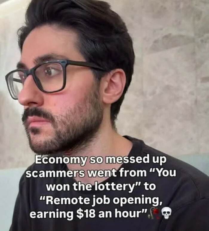 A funny meme of a man in glasses commenting on scammers, making you laugh and good for your health.
