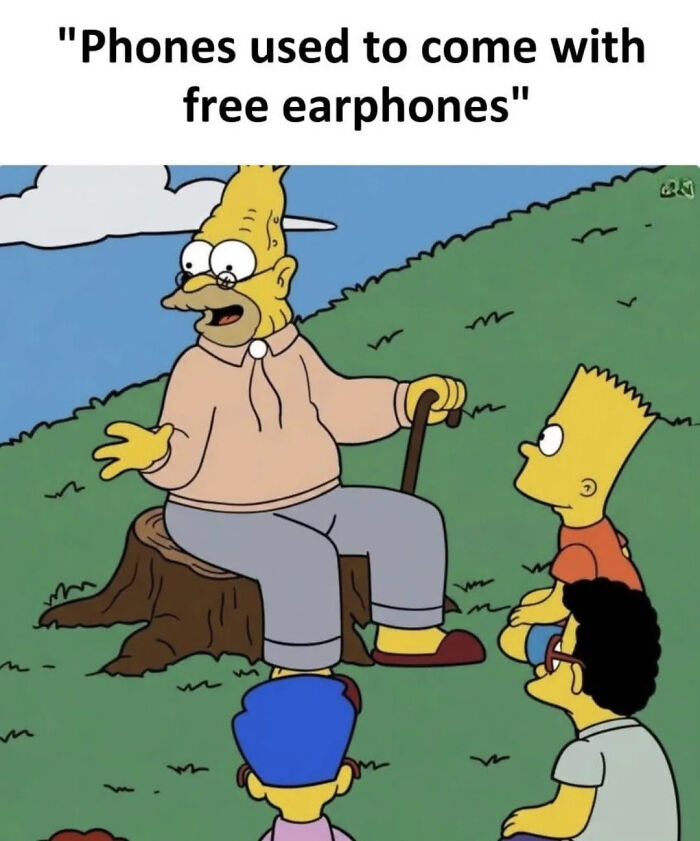A funny meme of Grandpa Simpson telling Bart and friends about old phones, great for your health.