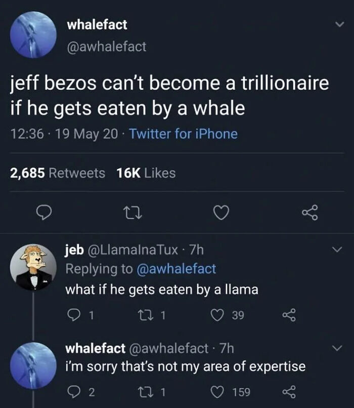 A funny meme of a Twitter exchange about Jeff Bezos and a whale, excellent for your health.