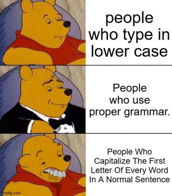 Funny memes showing Winnie the Pooh's reactions to different capitalization styles, good for your health.