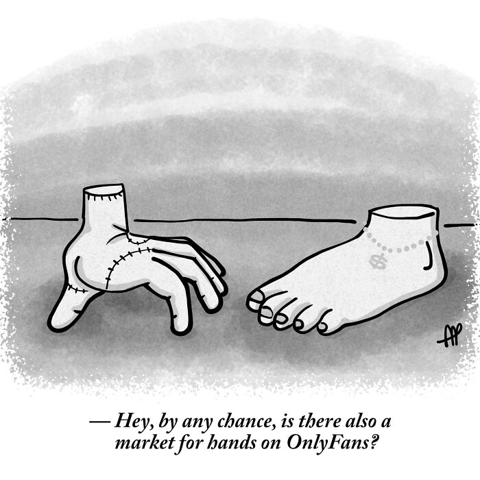 A witty single-panel comic depicts a disembodied hand and foot, with the hand asking about OnlyFans, taking everyday ideas in absurd directions.