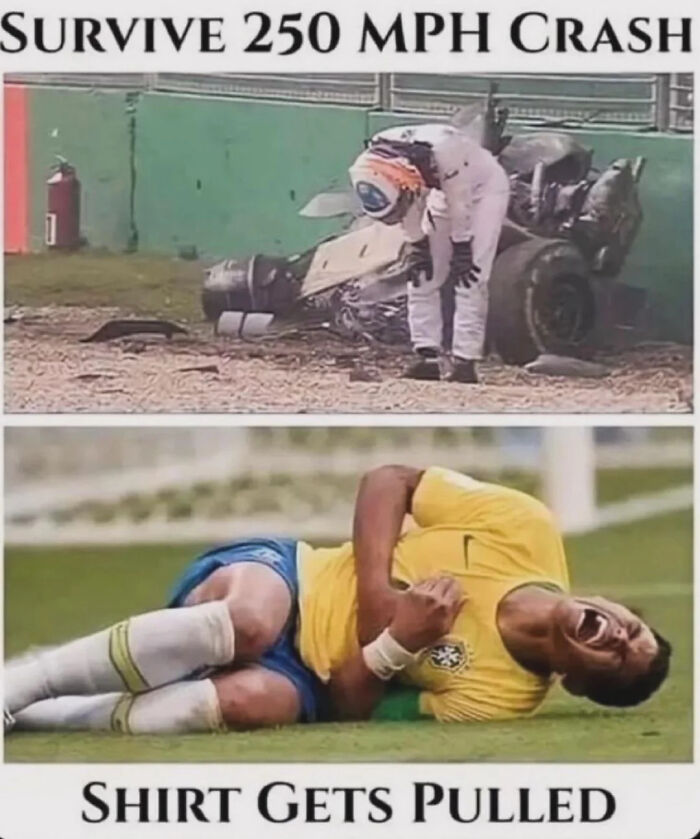 A top image of a racing car crash and bottom of a soccer player faking injury. Funny memes for health.