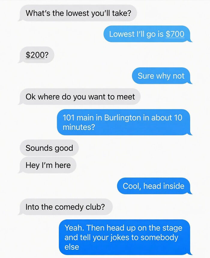 A phone screen showing a text message conversation about meeting up at a comedy club. Funny memes for health.