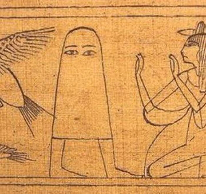 Ancient Egyptian hieroglyphs on papyrus depicting a figure with a conical head and two kneeling figures. Funny memes for health.