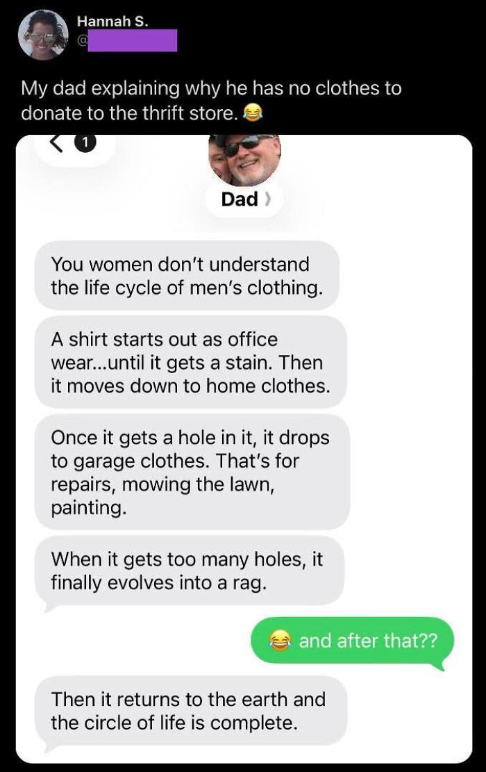 A funny meme of a dad explaining the life cycle of men's clothing via text message, leading to laughter.