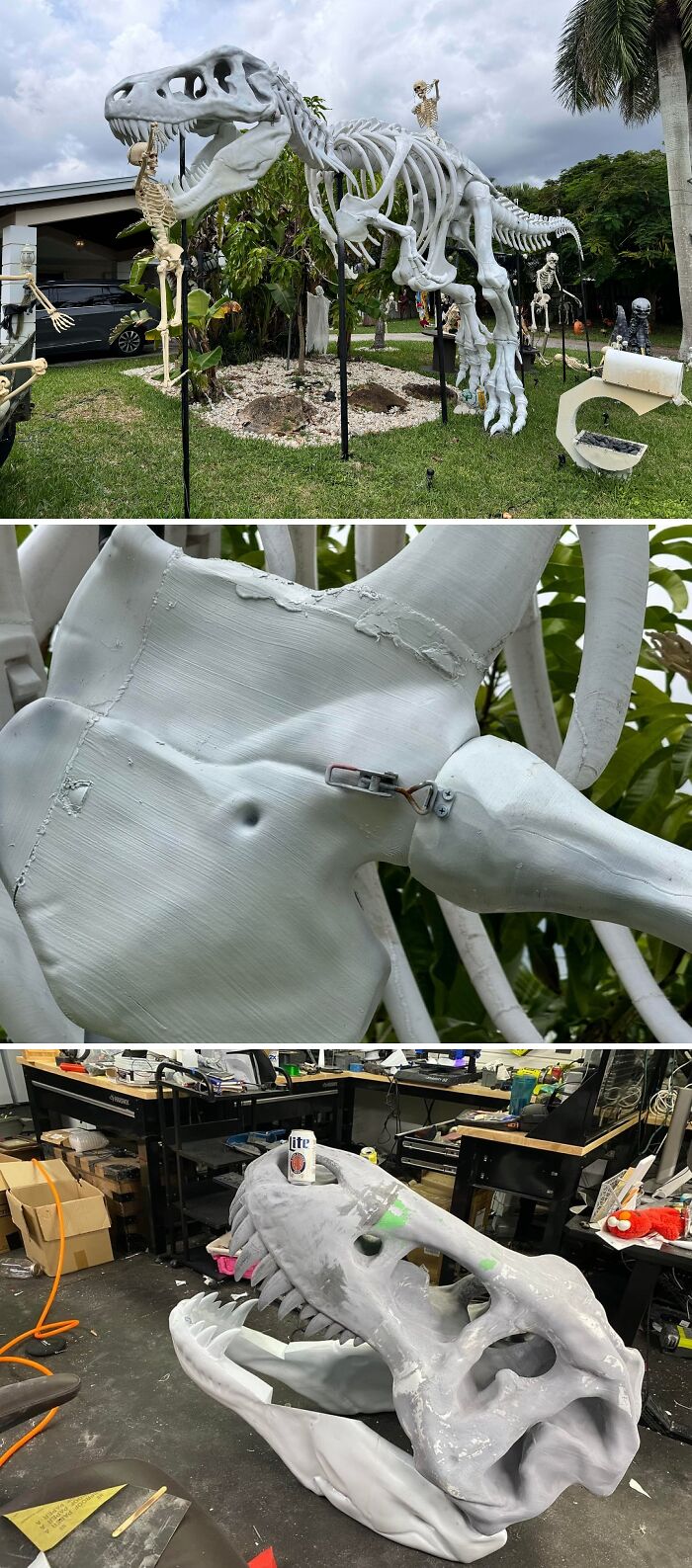An enormous skeleton of a T-Rex 3D printed dinosaur project standing in a yard, a truly cool 3D print.