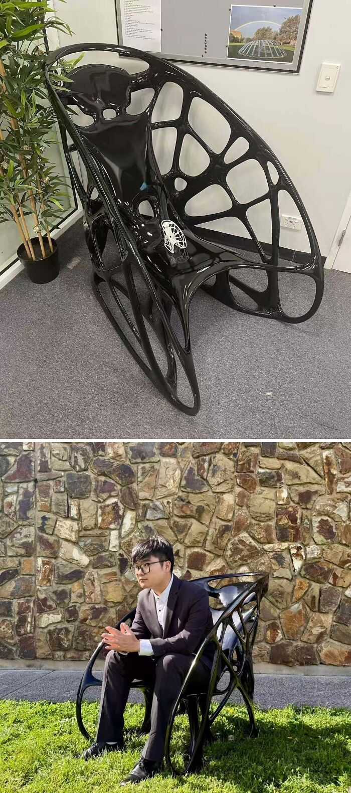 A person sits on a unique black chair with a web-like design, a cool 3D printer project, perfect for custom seating.