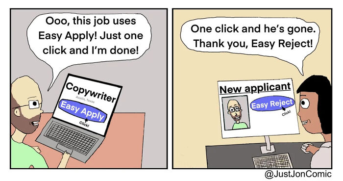 A funny meme about Easy Apply for job applications, turning into an Easy Reject for the applicant.