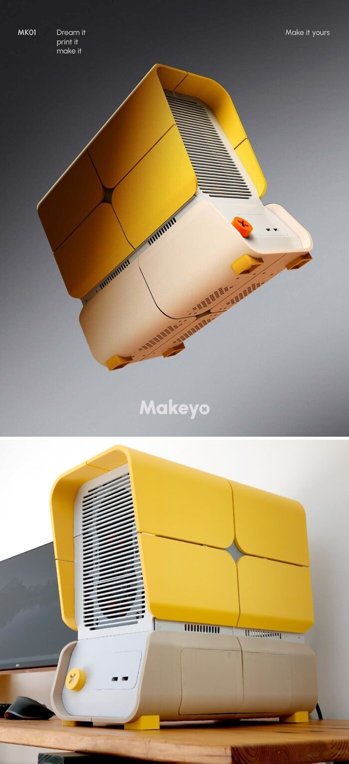 A stylish, yellow and beige 3D-printed computer case, one of the coolest 3D printer projects.