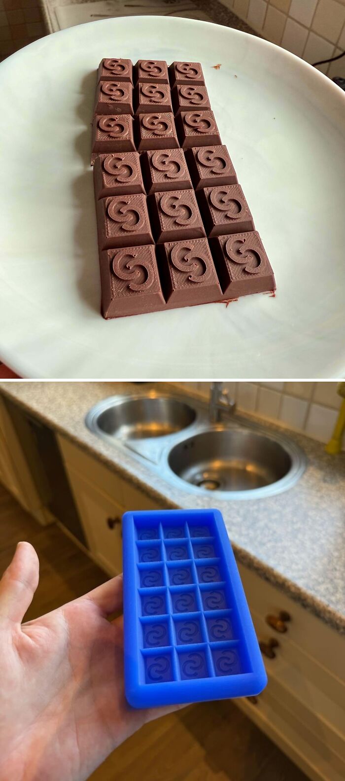 A chocolate bar created with a custom 3D printer mold, showcasing cool 3D printer projects.