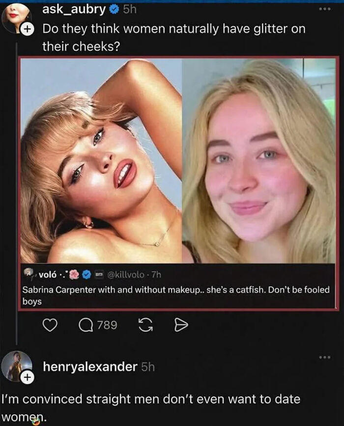 A social media post comparing a celebrity with and without makeup, a funny health meme.