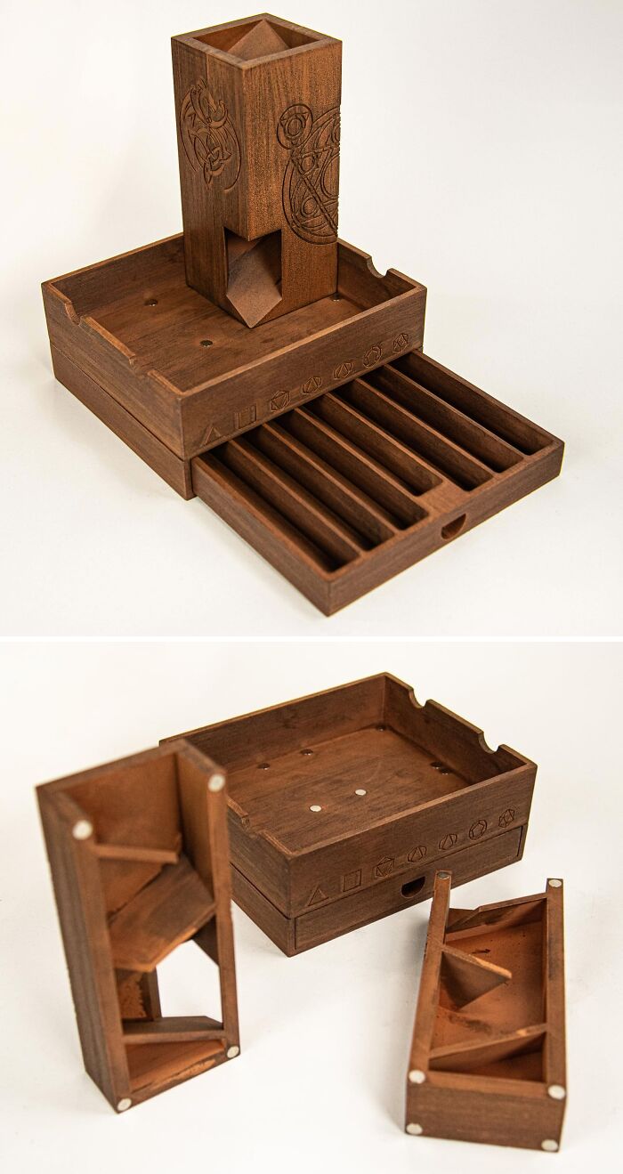 A wooden 3D printed dice tower and storage box with etched designs, one of many cool projects.