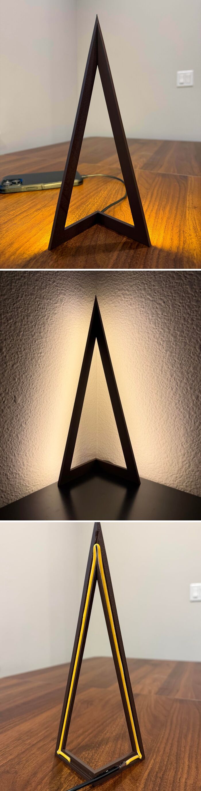 A series of images showing a triangular 3D printed wooden lamp glowing, highlighting creative projects.
