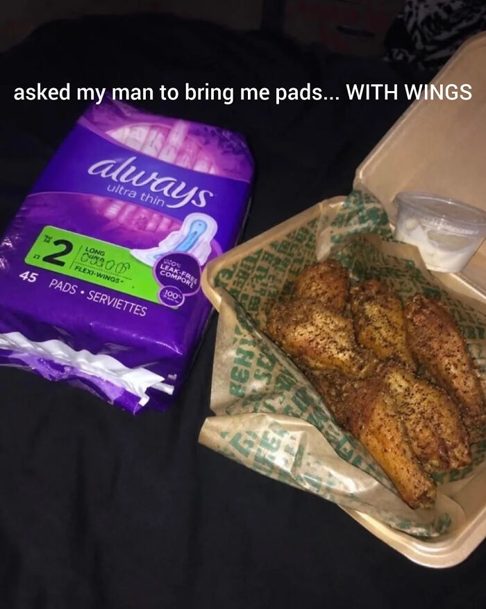 A pack of sanitary pads and a box of chicken wings for a funny health meme.