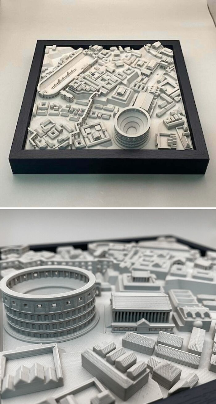 Detailed 3D printed cityscape model of Rome including the Colosseum and other ancient buildings, a cool project.