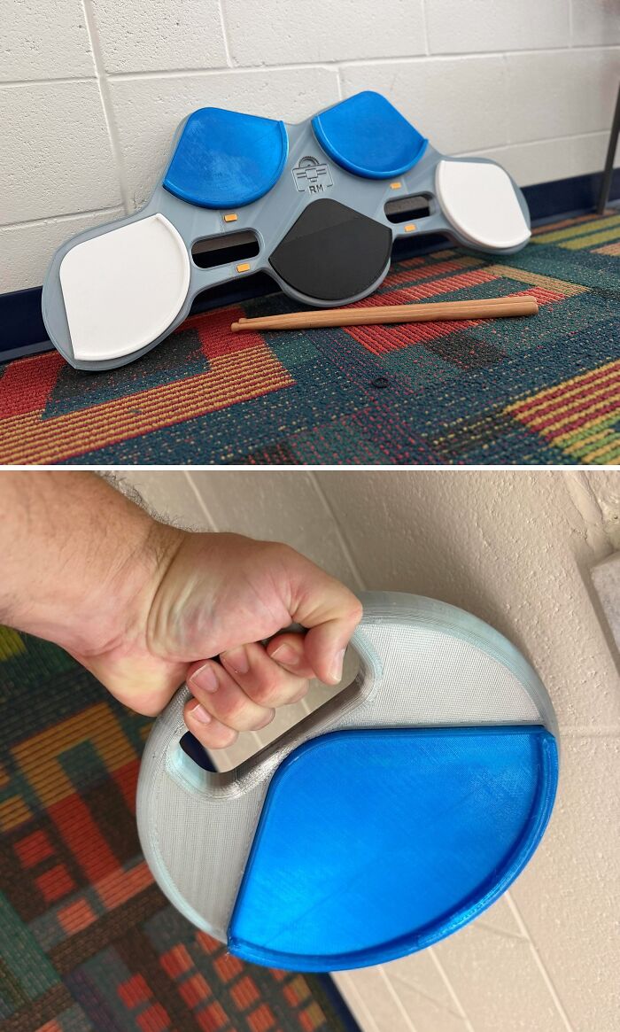 A 3D printer project with two images; one showing a custom-made drum pad set with drumsticks, and the other a portable weight.