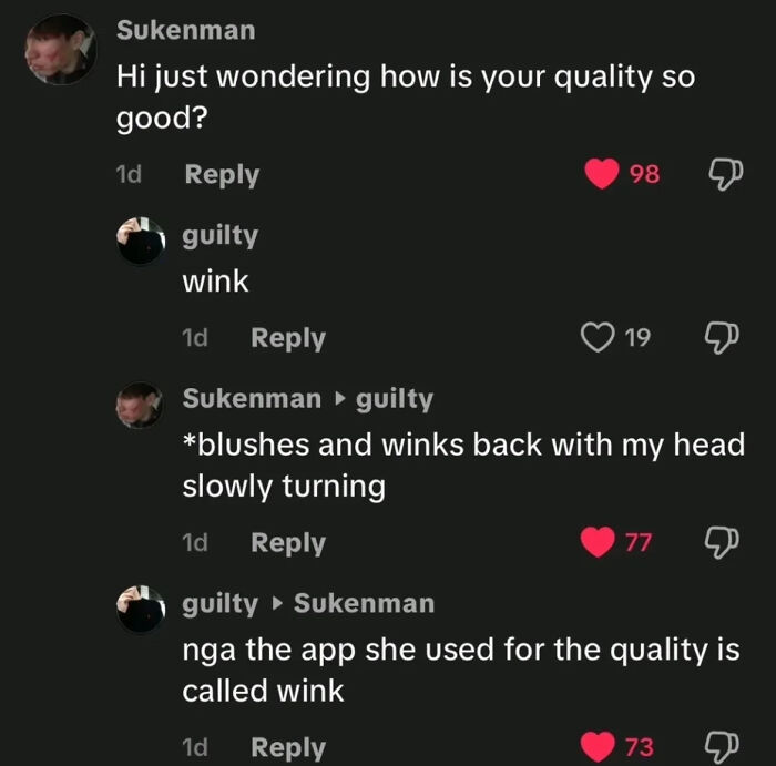 Funny meme showing a chat about good video quality, revealing the app Wink, a great addition to funny memes.
