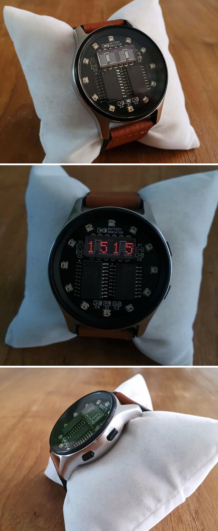A stylish round smartwatch with an exposed circuit board face, showcasing a cool 3D printed project.