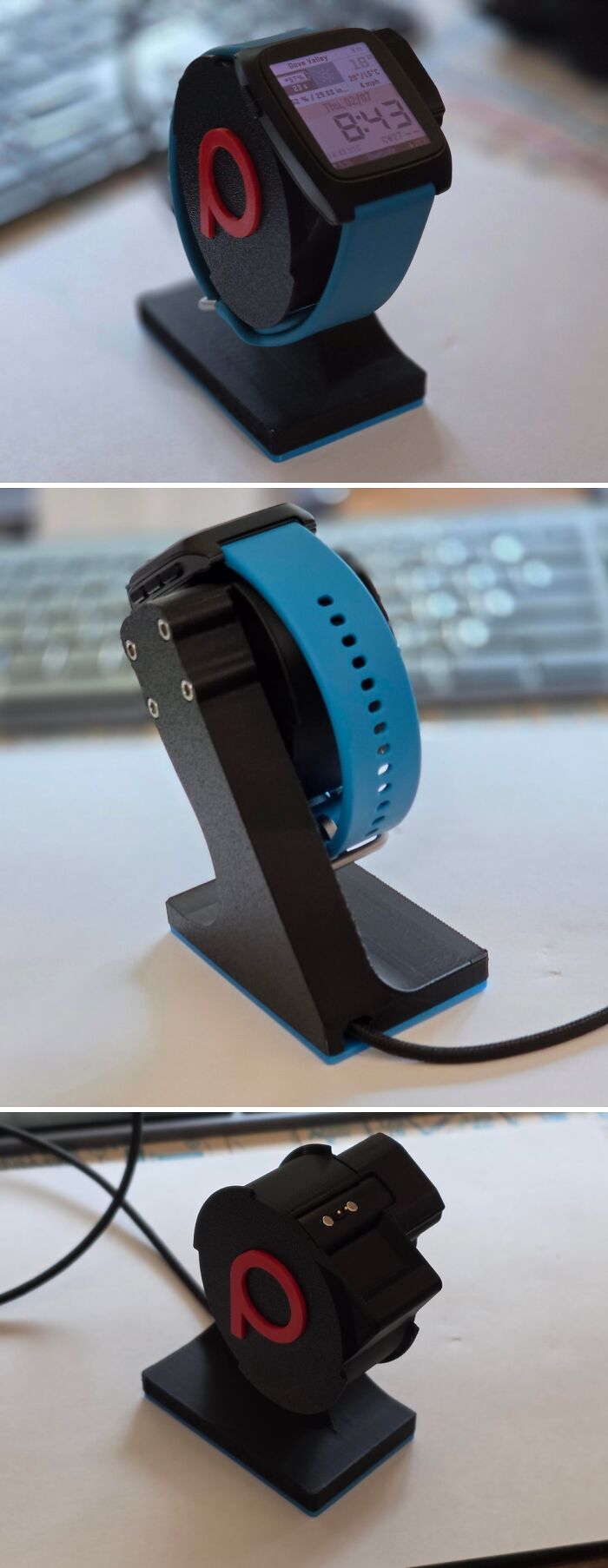 A 3D printer project showing a smartwatch charging on a custom-made stand with a P logo.