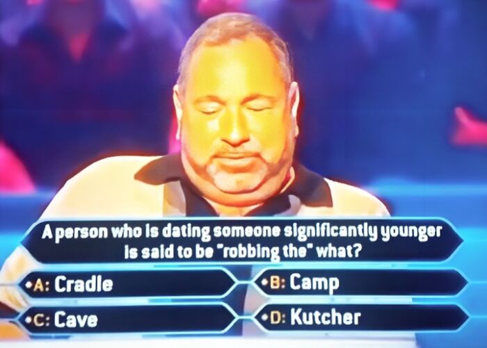 A contestant on Who Wants To Be A Millionaire looking serious, presented with a dumb answer choices question.