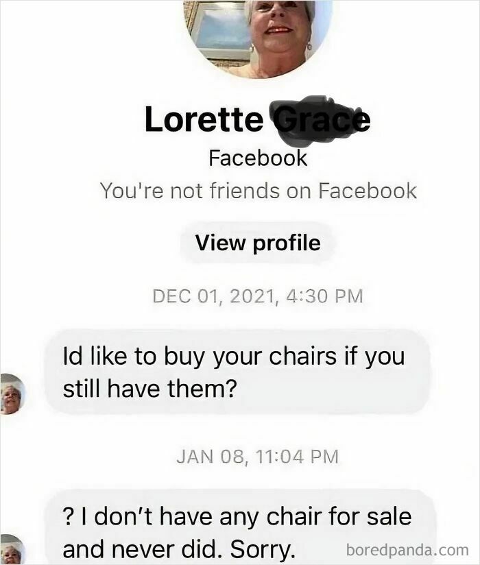 A screenshot of old people's clueless selves online, with a Facebook message exchange about buying chairs that were never for sale.