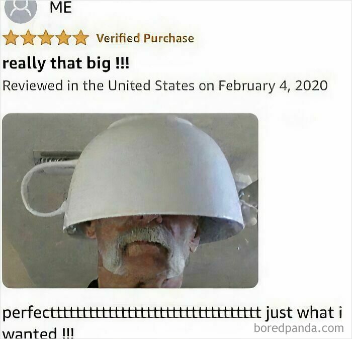 A screenshot of old people's clueless selves online, showing a man wearing an oversized mug on his head as an Amazon review.