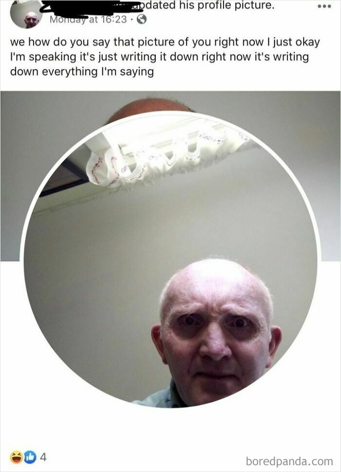 A close-up selfie of an old person being clueless online, with a caption suggesting confusion about the picture.