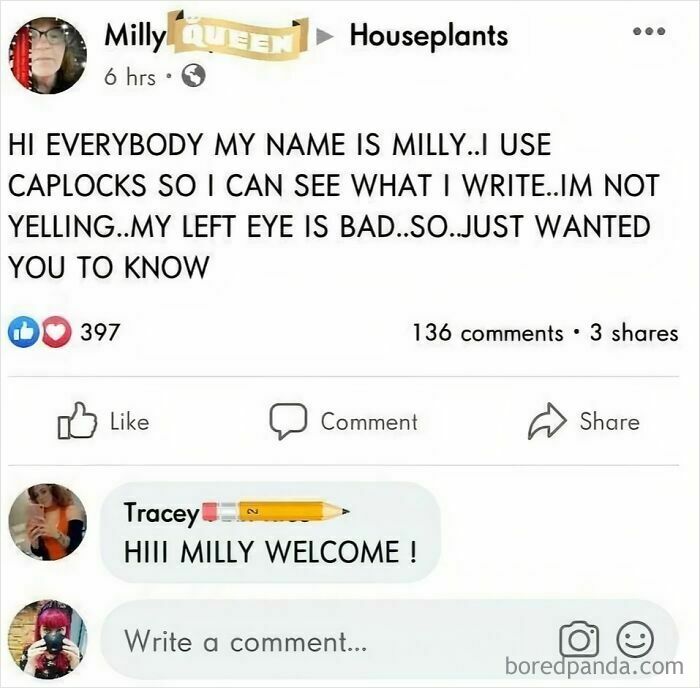 A screenshot showing an old person's post on Facebook in all caps about bad eyesight, an example of old people online.