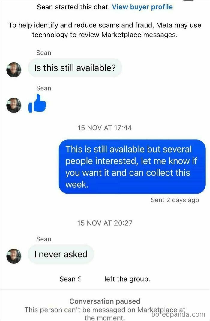 A screenshot illustrating an old person being clueless online in a chat, replying "I never asked."