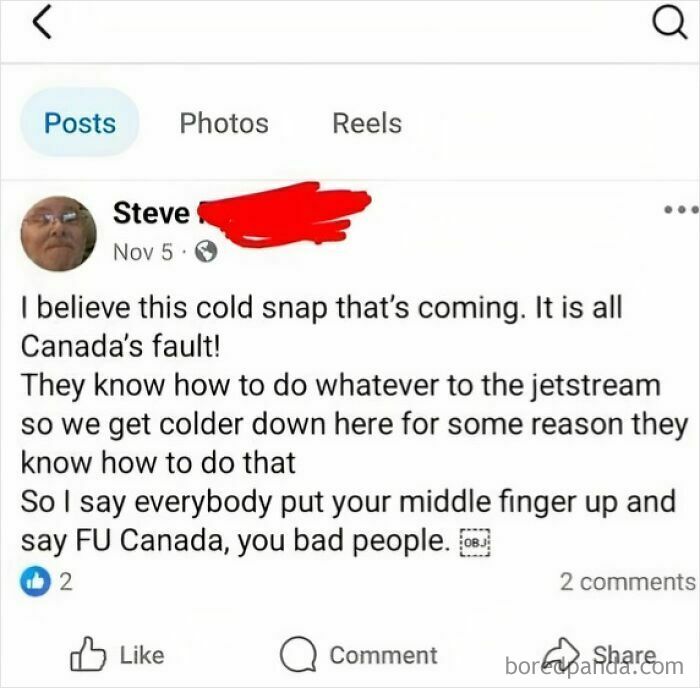 A screenshot of an old person being clueless online, blaming Canada for a cold snap.