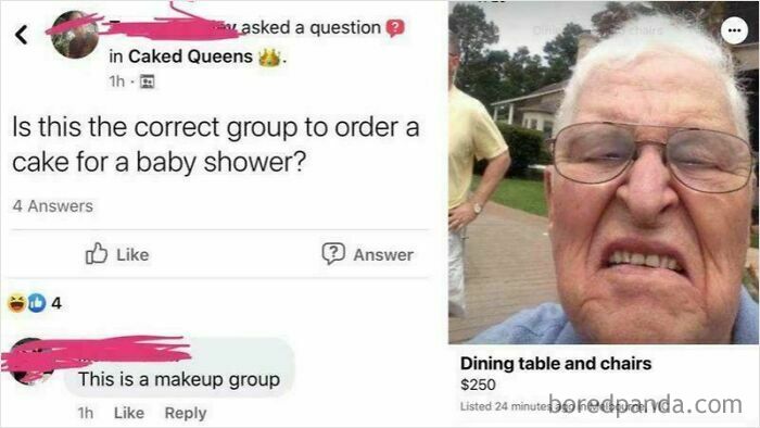 A split screenshot with an old person's confused selfie and a social media post asking to order a cake in a makeup group, showing clueless online usage.