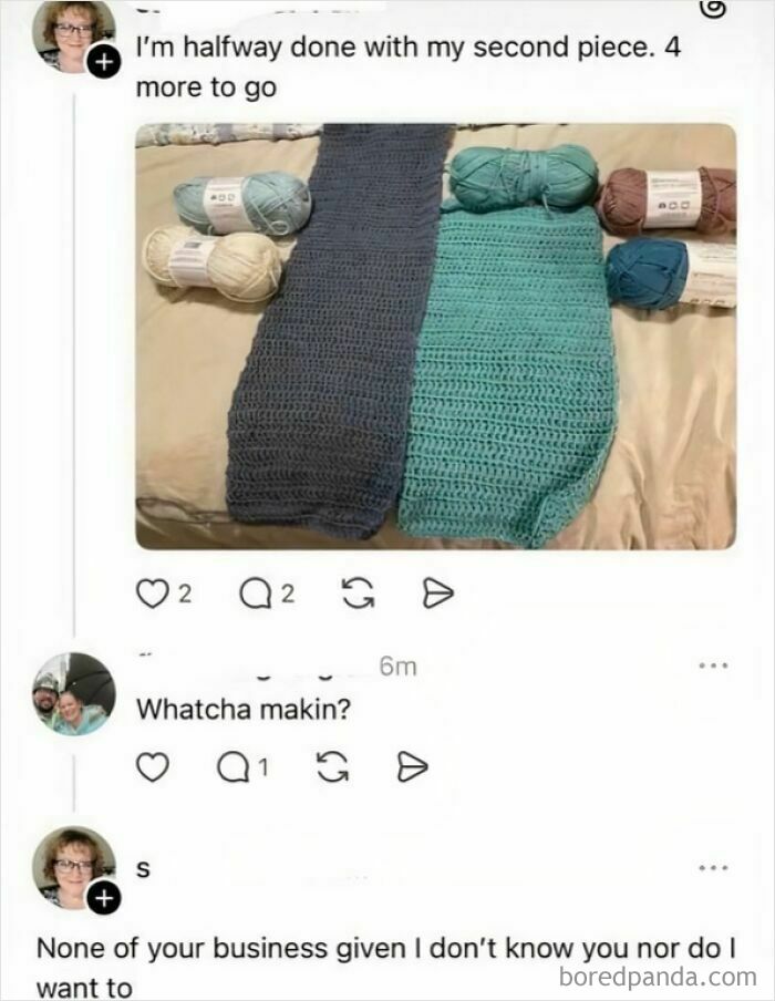 A social media screenshot of an old person crocheting and responding rudely to a question, demonstrating clueless online interaction.