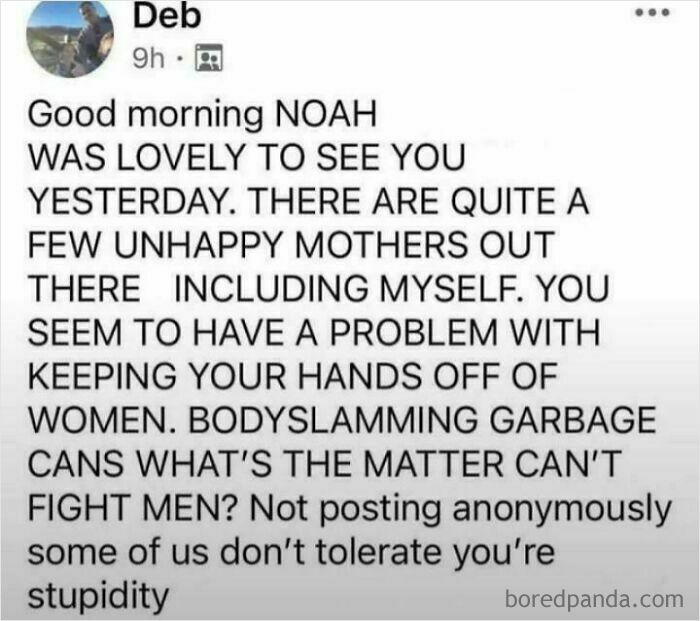 A screenshot of old people being their clueless selves online, featuring a long, angry Facebook post from 'Deb' to 'Noah' about his behavior.