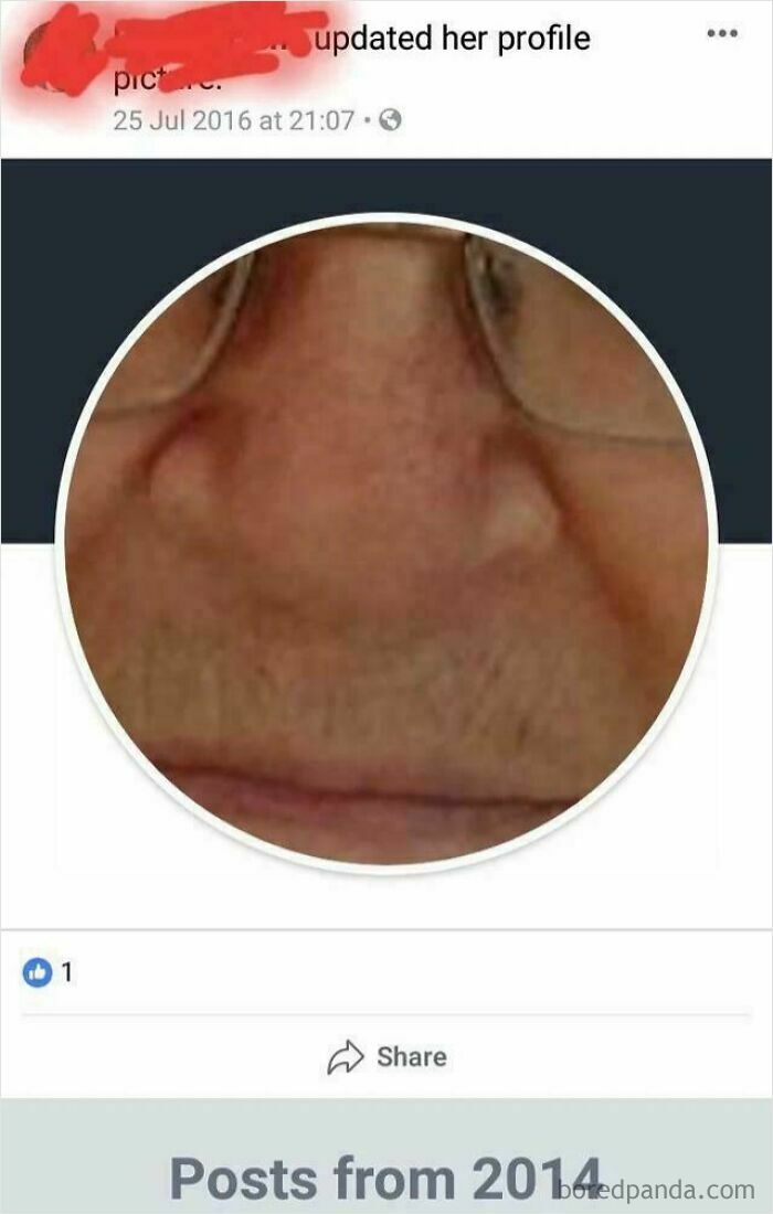 A social media profile photo showing a very close-up, blurry shot of an old person's nose and upper lip, highlighting clueless online behavior.
