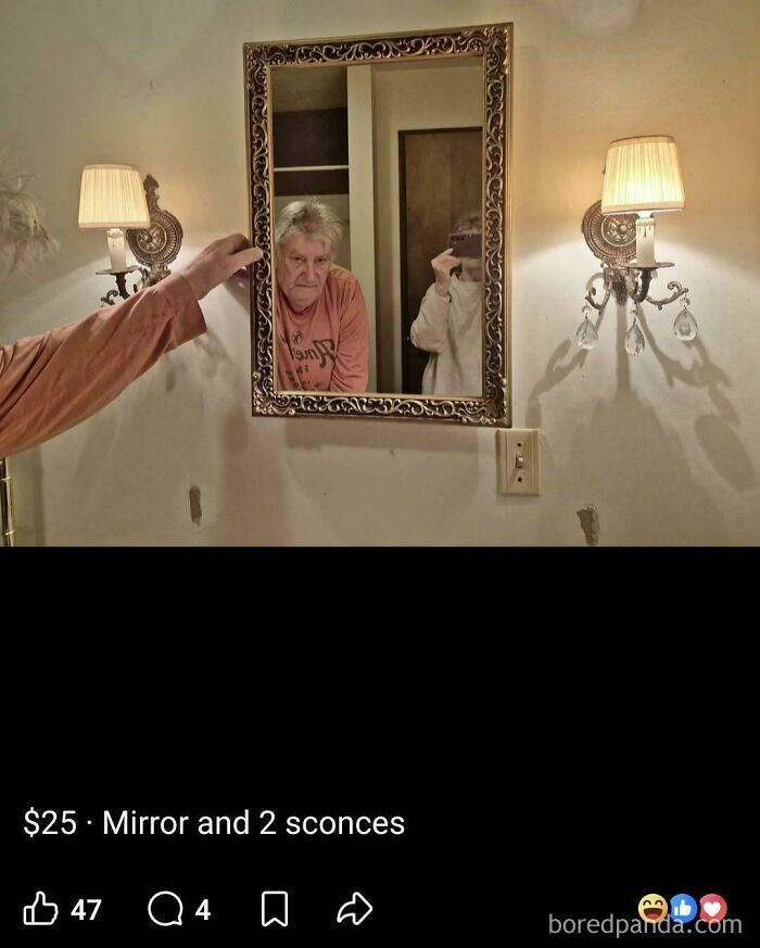 A screenshot of old people being their clueless selves online, depicting an older man in a mirror reflection, holding the mirror for sale.