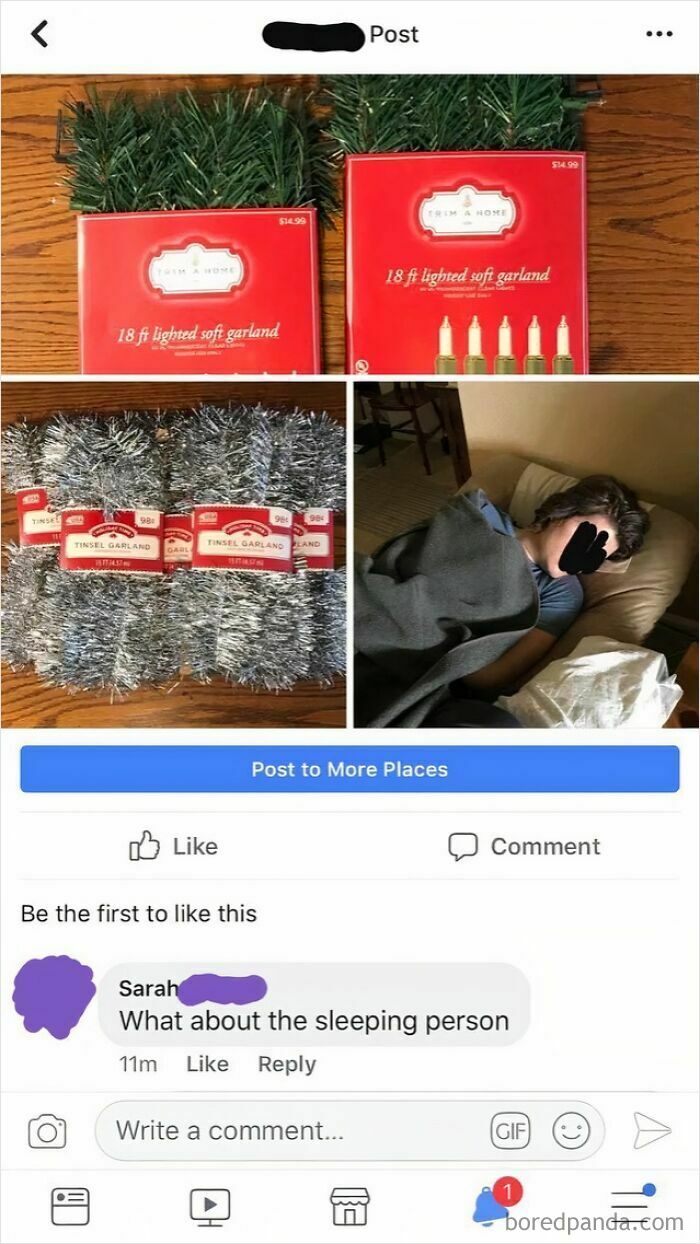Screenshot of clueless old people online, a Facebook post showing Christmas decorations and a sleeping person.