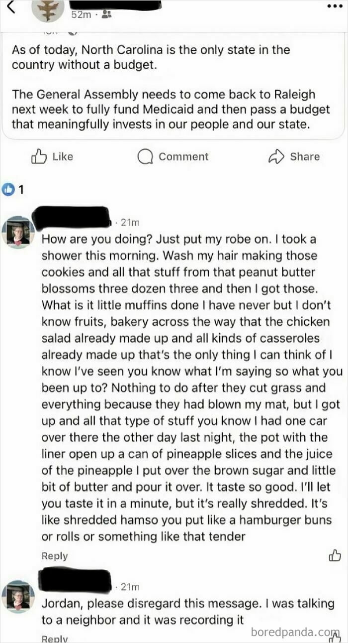 Screenshot of clueless old people online, a long rambling Facebook message meant for a neighbor accidentally sent publicly.