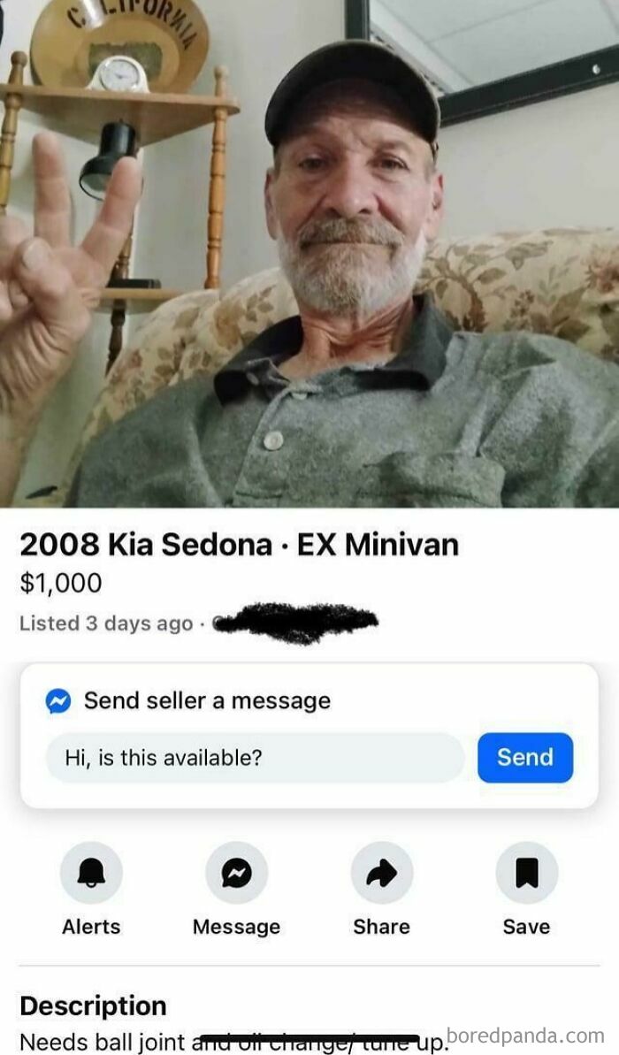 An old man in a baseball cap makes a peace sign in a selfie for a 2008 Kia Sedona minivan ad, showcasing old people being clueless online.